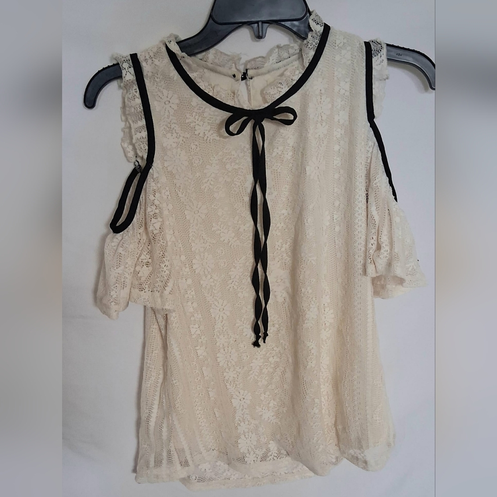 Meraki Cream Lace Blouse with Black Trim
